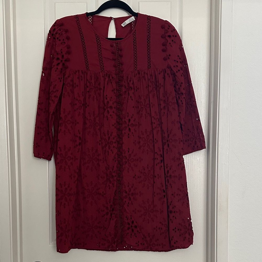 Zara Burgundy Embroidered Long-Sleeve Dress